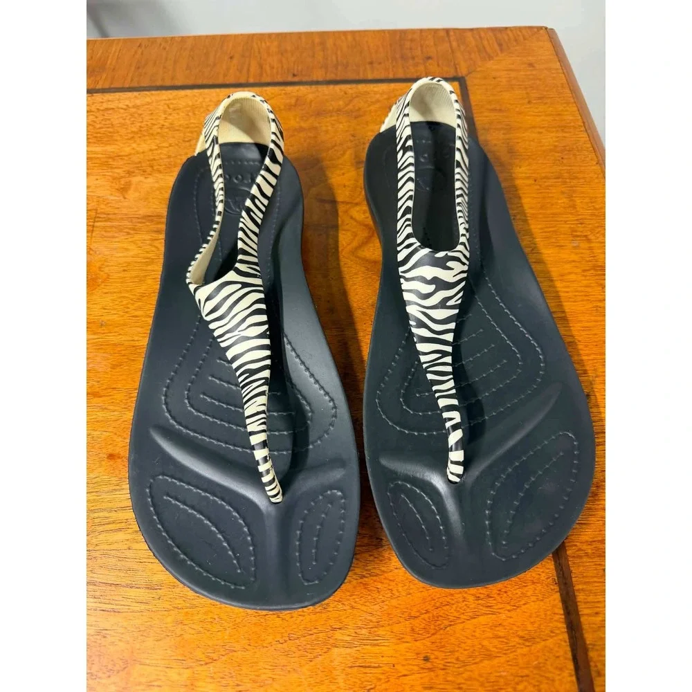 Crocs Sexy Flip Sandals Womens 9 Zebra Print Black White T-Strap Flat Summer